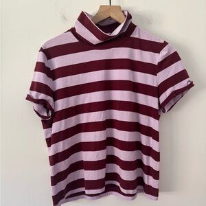Anthropologie x Maeve Pink and Wine Striped Short Sleeve Turtleneck Tee Large